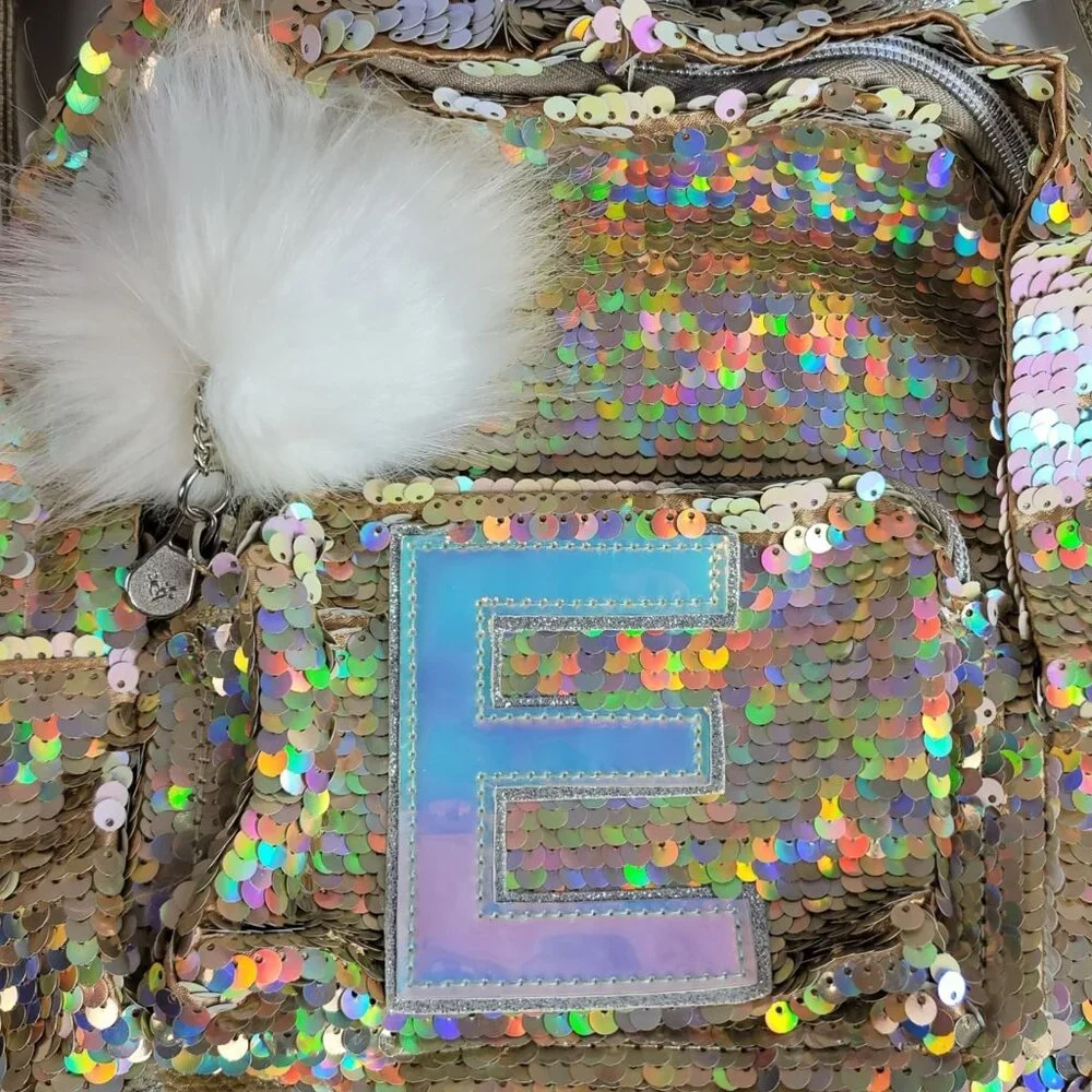 Justice Monogram E Sequin Mini Backpack Gold Unicorn Zipper Pockets Furry Adj